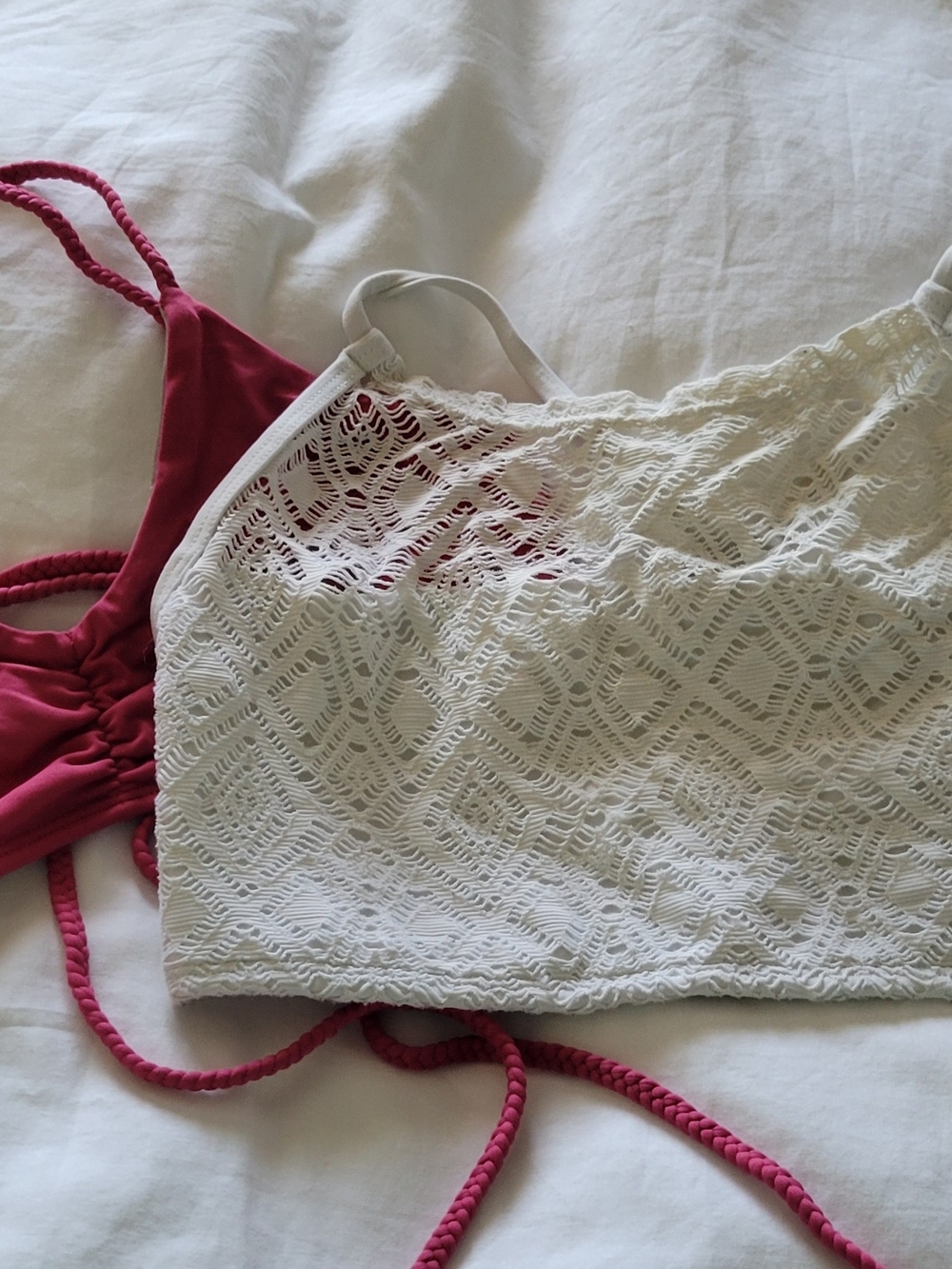 Midori White Crochet Bikini Top And Midori Pink Lace Up Bikini Top